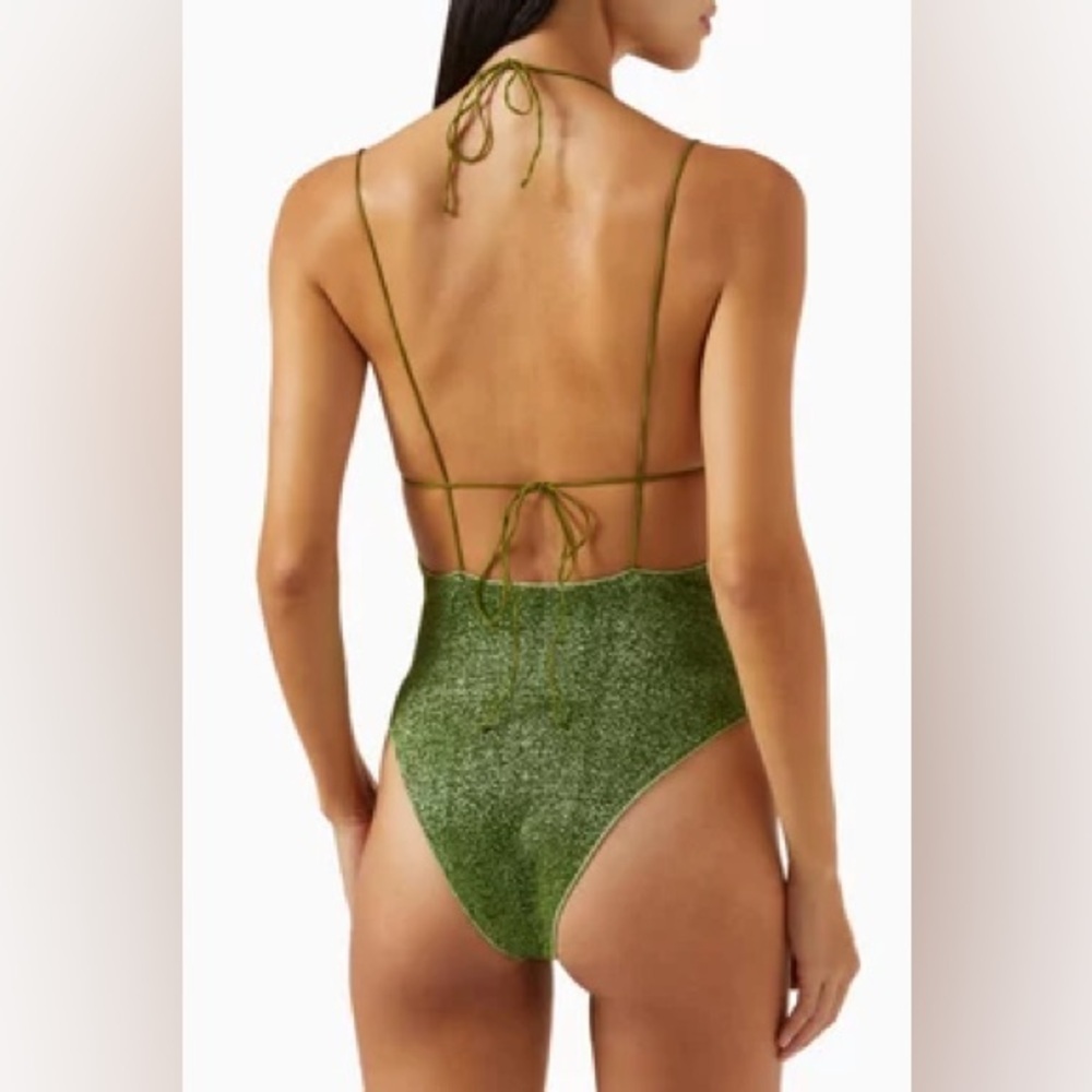 Oseree Lumiere Kini Maillot Cut Out One Piece Glittery Retro Swimsuit In Green - Picture 6 of 6